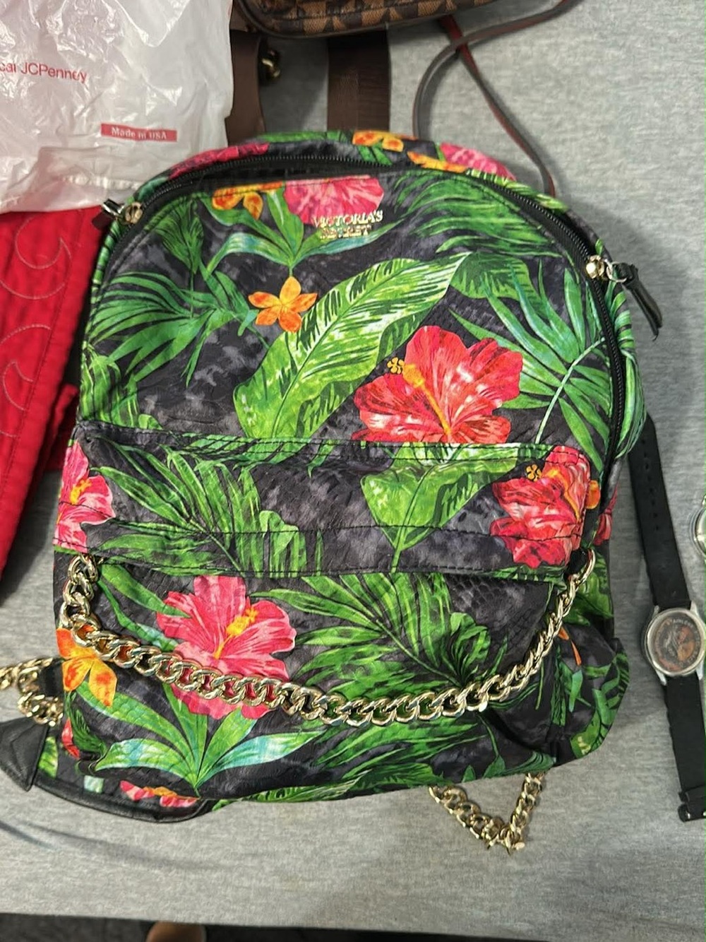 Victoria's Secret Black Tropical Floral Mini Backpack with Gold Chain